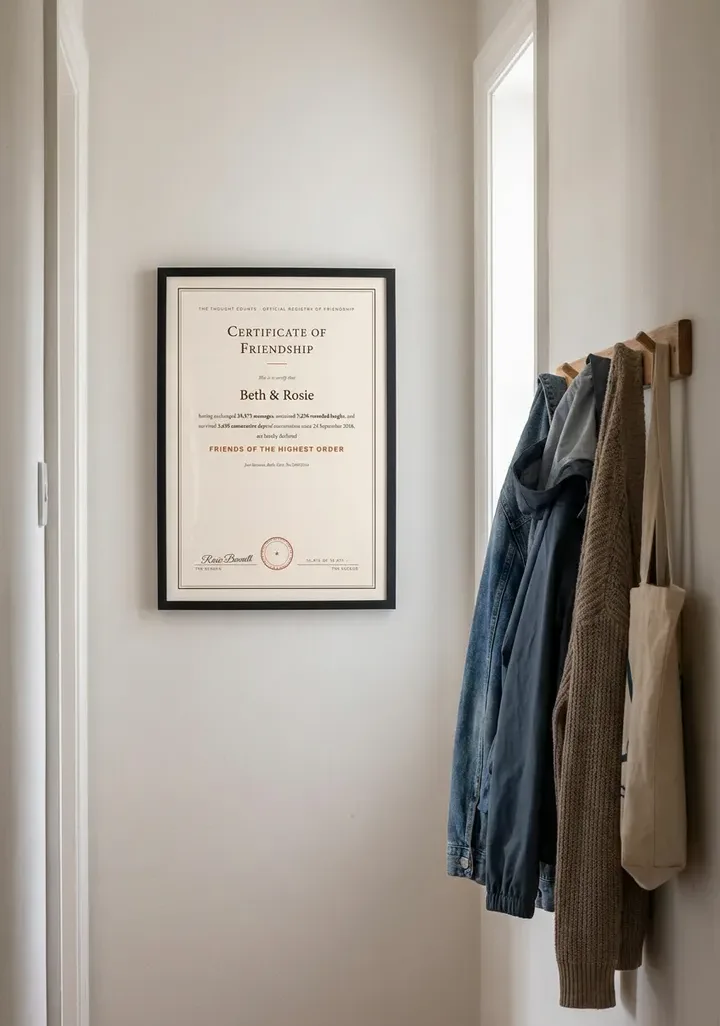 Keepsake styled in a home: the certificate, hallway